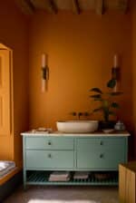 Modernes Badezimmer mit Wänden in Ashes of Marigold. Das warme, erdige Orange bildet einen spannenden Kontrast zum Waschtisch in Perpetual Blue und dunklen Details in Vulcan.